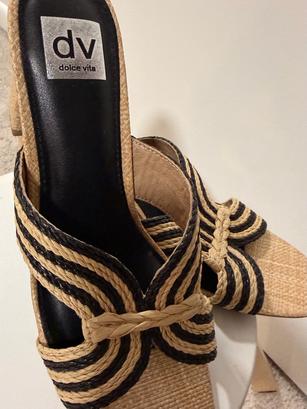 Dolce Vita Tan and Black Braided Slide Heels